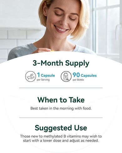 مركب فيتامين ب - ميثيل نشط بالكامل B12، B6، حمض الفوليك - للطاقة والتركيز والمزاج وصحة الأعصاب - نباتي غير معدّل وراثيًا وخالي من الغلوتين مع كبسولات B1 وB2 وB3 وB5 وB7-90 لمدة 3 أشهر in Kuwait