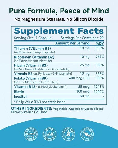مركب فيتامين ب - ميثيل نشط بالكامل B12، B6، حمض الفوليك - للطاقة والتركيز والمزاج وصحة الأعصاب - نباتي غير معدّل وراثيًا وخالي من الغلوتين مع كبسولات B1 وB2 وB3 وB5 وB7-90 لمدة 3 أشهر in Kuwait