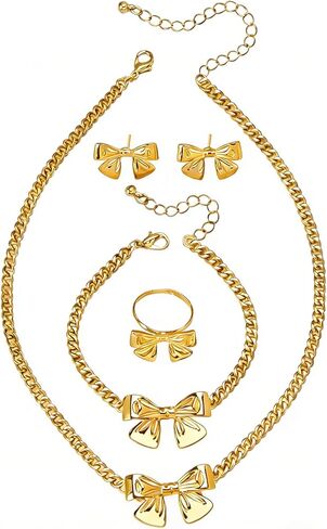 مجموعة مجوهرات القوس الذهب للنساء شريط القوس القلادة أقراط مجموعة سوار رنين لطيف القوس الأقراط in Kuwait