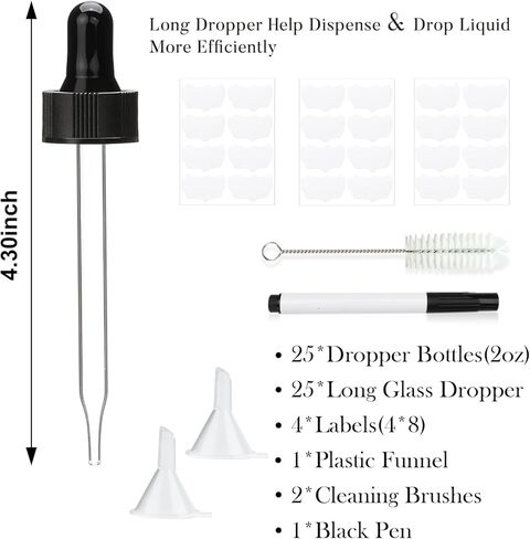25 عبوة من زجاجات قطارة العنبر سعة 2 أونصة، زجاجة قطارة للعين مع غطاء أسود، زجاجات صبغة مع قطارة، زجاجة قطارة زجاجية للزيوت العطرية والعطور وزيت الشعر in Kuwait