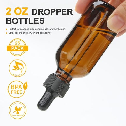 25 عبوة من زجاجات قطارة العنبر سعة 2 أونصة، زجاجة قطارة للعين مع غطاء أسود، زجاجات صبغة مع قطارة، زجاجة قطارة زجاجية للزيوت العطرية والعطور وزيت الشعر in Kuwait