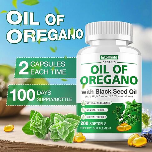 Oil of Oregano with Black Seed Oil, 400 Softgel Oregano Oil Oapsules Organic, High Carvacrol, Immune & Antioxidant Support in Kuwait