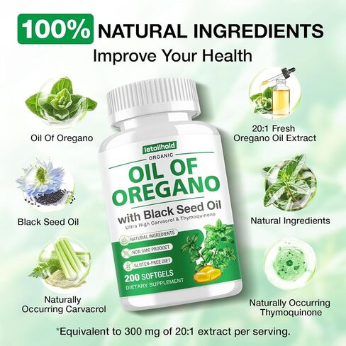 Oil of Oregano with Black Seed Oil, 400 Softgel Oregano Oil Oapsules Organic, High Carvacrol, Immune & Antioxidant Support in Kuwait
