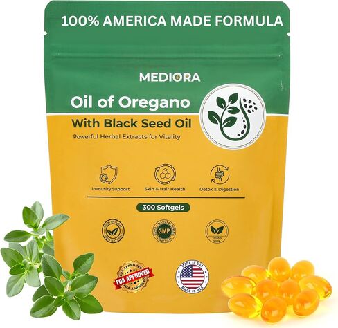 زيت الأوريجانو مع كبسولات زيت الحبة السوداء، 300 عدد، 2 في 1 كبسولات أوريجانو عضوية لدعم الجهاز الهضمي والمناعي، كارفاكرول وثيموكينون، نباتي، غير معدل وراثيًا، خالي من الغلوتين in Kuwait