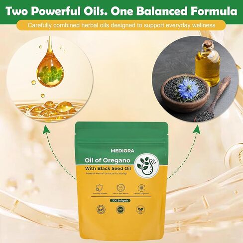 زيت الأوريجانو مع كبسولات زيت الحبة السوداء، 300 عدد، 2 في 1 كبسولات أوريجانو عضوية لدعم الجهاز الهضمي والمناعي، كارفاكرول وثيموكينون، نباتي، غير معدل وراثيًا، خالي من الغلوتين in Kuwait
