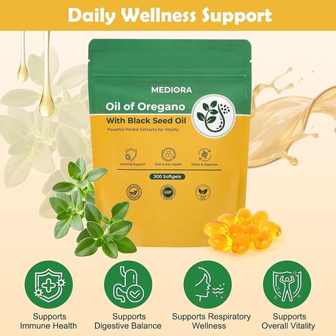 زيت الأوريجانو مع كبسولات زيت الحبة السوداء، 300 عدد، 2 في 1 كبسولات أوريجانو عضوية لدعم الجهاز الهضمي والمناعي، كارفاكرول وثيموكينون، نباتي، غير معدل وراثيًا، خالي من الغلوتين in Kuwait