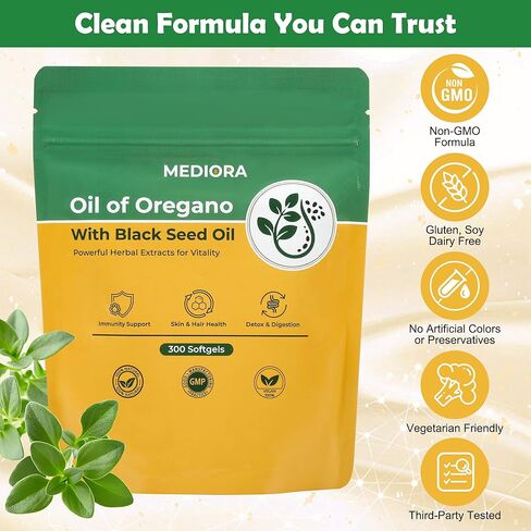 زيت الأوريجانو مع كبسولات زيت الحبة السوداء، 300 عدد، 2 في 1 كبسولات أوريجانو عضوية لدعم الجهاز الهضمي والمناعي، كارفاكرول وثيموكينون، نباتي، غير معدل وراثيًا، خالي من الغلوتين in Kuwait