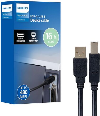 Philips USB-B to USB-C Printer Cable, 16 Ft Long Cord, Connect Laptop or Desktop, Data Transfer 480 Mbps, Gold Plated, HP, Canon, Brother, Samsung, Dell, Epson, Lexmark, Xerox, Black, SWV3173B/37 in Kuwait