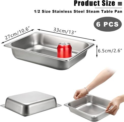 BSTKEY 6 عبوات من مقالي الفندق بحجم 1/2، مقلاة طاولة بخار من الفولاذ المقاوم للصدأ بعمق 2.56 بوصة، صواني تسخين الطعام قابلة للتكديس للبوفيه، مقالي الطعام التجارية للمطبخ والمطاعم ومستلزمات الحفلات in Kuwait