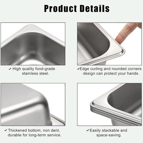 BSTKEY 6 عبوات من مقالي الفندق بحجم 1/2، مقلاة طاولة بخار من الفولاذ المقاوم للصدأ بعمق 2.56 بوصة، صواني تسخين الطعام قابلة للتكديس للبوفيه، مقالي الطعام التجارية للمطبخ والمطاعم ومستلزمات الحفلات in Kuwait