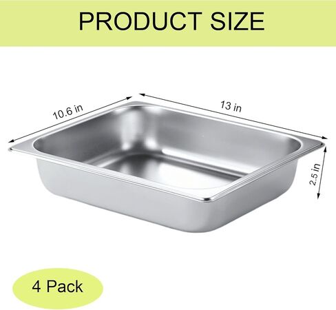 4 عبوات من مقلاة الفندق بنصف الحجم، مقاس 1/2 مقاس 2.5 بوصة مقلاة طاولة بخار من الفولاذ المقاوم للصدأ بعمق، مقلاة بخار قابلة للتكديس، نصف مقالي لأطباق الغضب، صواني الخبز للمنزل، الحفلات، الفندق، البوفيه in Kuwait