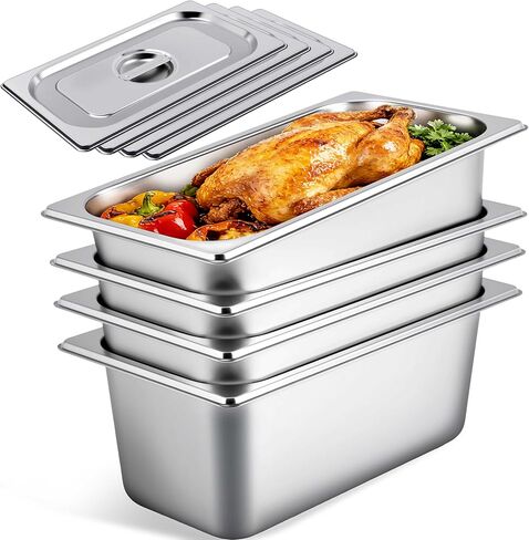 4 Pack Hotel Pans with lids, 1/3 Size x 6 Inch Deep Steam Table Pan, Reusable Anti Rust Catering Storage Food Pan, Stainless Steel Steam Table Pans for Home Party Hotel Restaurant Buffet in Kuwait