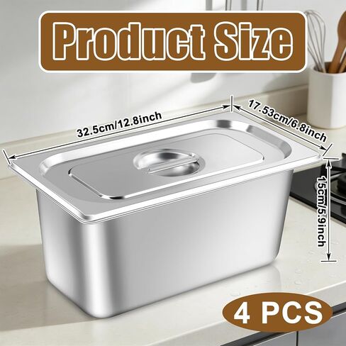 4 Pack Hotel Pans with lids, 1/3 Size x 6 Inch Deep Steam Table Pan, Reusable Anti Rust Catering Storage Food Pan, Stainless Steel Steam Table Pans for Home Party Hotel Restaurant Buffet in Kuwait