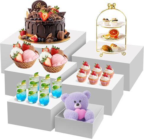 6 قطع من رافعات البوفيه الكبيرة مقاس 7 بوصة إلى 12 بوصة من الأكريليك حامل كب كيك الحلوى مجموعة عرض طاولات الطعام المجوفة لطاولة البوفيه وحفلات عرض الطعام والحدث وعرض البيع بالتجزئة (أبيض، من 7 بوصة إلى 12 بوصة) in Kuwait