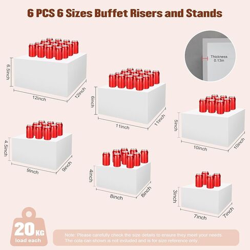 6 قطع من رافعات البوفيه الكبيرة مقاس 7 بوصة إلى 12 بوصة من الأكريليك حامل كب كيك الحلوى مجموعة عرض طاولات الطعام المجوفة لطاولة البوفيه وحفلات عرض الطعام والحدث وعرض البيع بالتجزئة (أبيض، من 7 بوصة إلى 12 بوصة) in Kuwait