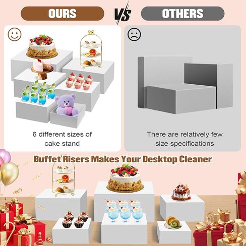 6 قطع من رافعات البوفيه الكبيرة مقاس 7 بوصة إلى 12 بوصة من الأكريليك حامل كب كيك الحلوى مجموعة عرض طاولات الطعام المجوفة لطاولة البوفيه وحفلات عرض الطعام والحدث وعرض البيع بالتجزئة (أبيض، من 7 بوصة إلى 12 بوصة) in Kuwait