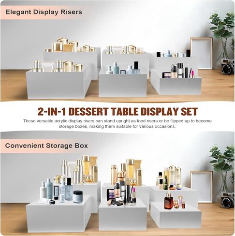 6 قطع من رافعات البوفيه الكبيرة مقاس 7 بوصة إلى 12 بوصة من الأكريليك حامل كب كيك الحلوى مجموعة عرض طاولات الطعام المجوفة لطاولة البوفيه وحفلات عرض الطعام والحدث وعرض البيع بالتجزئة (أبيض، من 7 بوصة إلى 12 بوصة) in Kuwait