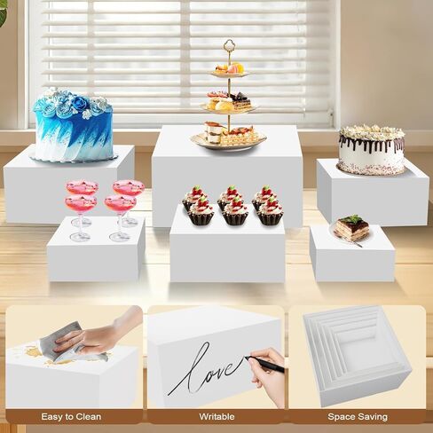 6 قطع من رافعات البوفيه الكبيرة مقاس 7 بوصة إلى 12 بوصة من الأكريليك حامل كب كيك الحلوى مجموعة عرض طاولات الطعام المجوفة لطاولة البوفيه وحفلات عرض الطعام والحدث وعرض البيع بالتجزئة (أبيض، من 7 بوصة إلى 12 بوصة) in Kuwait