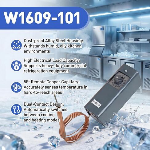 W1609-101 ترموستات التبريد التجاري، 8 درجات فهرنهايت عند إيقاف التشغيل التفاضلي، قرص F/C مزدوج، شعري نحاسي 5 أقدام، نطاق درجة الحرارة -30 درجة فهرنهايت إلى 90 درجة فهرنهايت، غلاف فولاذي مقاوم للغبار in Kuwait