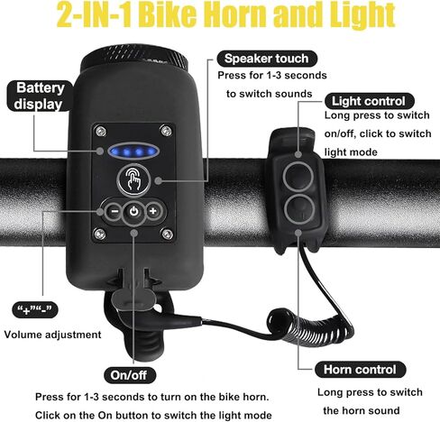 Electric Bike Horn and Light 2 in 1, 110dB Ebike Horn for Adults, Rechargeable Bike Headlight with Horn and Tail Light Set, 6 Sound Modes + 4 Light Modes, IPX5 Waterproof, Bicycle Accessories in Kuwait