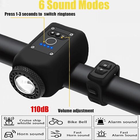 Electric Bike Horn and Light 2 in 1, 110dB Ebike Horn for Adults, Rechargeable Bike Headlight with Horn and Tail Light Set, 6 Sound Modes + 4 Light Modes, IPX5 Waterproof, Bicycle Accessories in Kuwait