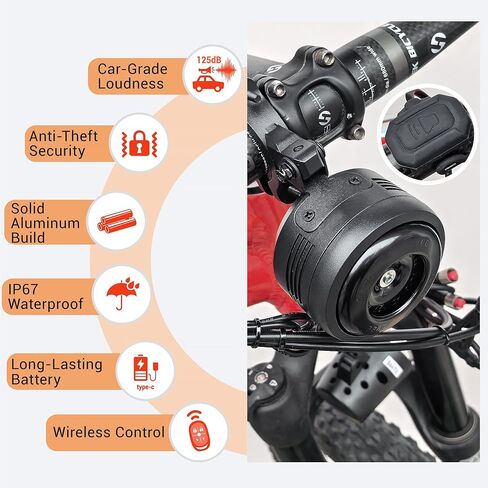 Electric Bike Horn and Alarm System, 125dB, USB-Rechargeable, Waterproof, Remote Control in Saudi Arabia