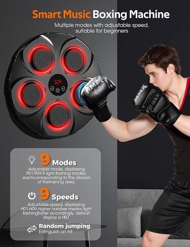 آلة الملاكمة الموسيقية للبالغين، 2025 آلة تثقيب موسيقى بلوتوث جديدة مع قفازات، هدف تدريب الملاكمة المثبت على الحائط، 9 أوضاع و9 معدات ملاكمة للسرعة لصالة الألعاب الرياضية والمنزل والمكتب in Kuwait