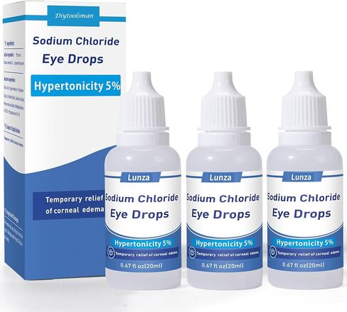 قطرات العين مفرطة التوتر من كلوريد الصوديوم بنسبة 5% - تخفيف وذمة القرنية والرؤية الباهتة، قطرات العين من كلوريد الصوديوم، خالية من الكحول، غير مهيجة، تركيبة لطيفة - 0.67 أونصة سائلة. أوز. (3 عبوات) in Kuwait