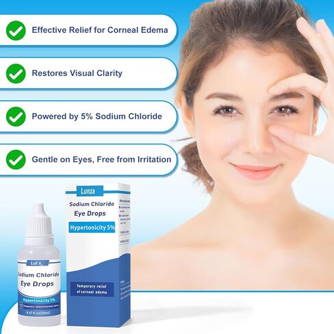 قطرات العين مفرطة التوتر من كلوريد الصوديوم بنسبة 5% - تخفيف وذمة القرنية والرؤية الباهتة، قطرات العين من كلوريد الصوديوم، خالية من الكحول، غير مهيجة، تركيبة لطيفة - 0.67 أونصة سائلة. أوز. (3 عبوات) in Kuwait