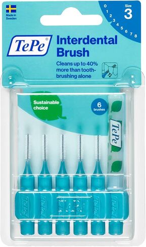 TePe Interdental Brush Original, Soft Dental Brush for Teeth Cleaning, Pack of 6, 0.6 mm, Medium Gaps, Blue, Size 3 in Kuwait