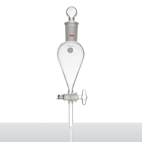Separating Funnel, 30ml-125ml, Top Ground Connection, Bottom Branch, Top Glass Stopper, 2mm Glass Valve Opening, F78(125mL-F781125) in Kuwait