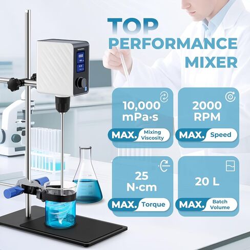 محرك علوي للمختبر - خلاط عالي اللزوجة سعة 20 لترًا (10,000 سنتي بويز)، محرك رقمي 100-2000 دورة في الدقيقة مع شاشة LCD ومؤقت وتعزيز عزم الدوران ومشبك دورق للكيمياء والبيولوجيا والأبحاث in Kuwait