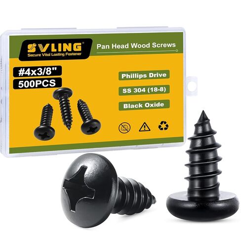 #4 x 3/8" Pan Head Wood Screws, 500PCS Pan Head Self Tapping Sheet Metal Screws, Black Oxide Stainless Steel 304 (18-8), Phillips Drive in Kuwait