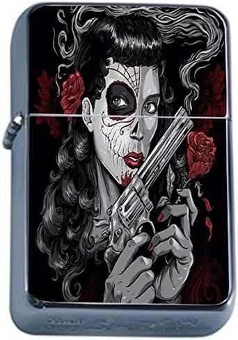 Flip Top Oil Lighter Sugar Skull D16 Day of the Dead Dia De La Muerto Includes Silver Case in Kuwait