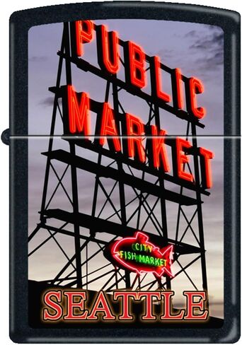 ولاعة Zippo Seattle's Pike Place Fish Market، سوداء غير لامعة مقاومة للرياح، نادرة جديدة in Saudi Arabia