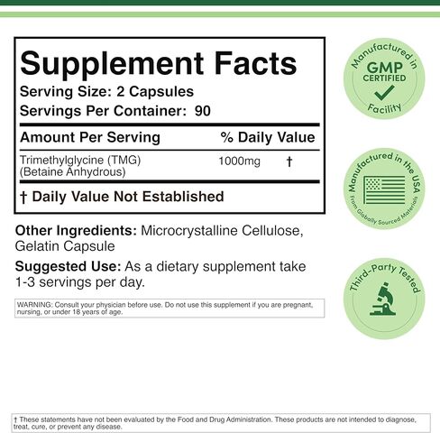 Double Wood Supplements TMG Trimethylglycine Supplement 1,000mg Per Serving, 180 Capsules (TMG Supplements for Homocysteine Control) Genuine TMG with Fishy Smell, Manufactured in The USA, Non-GMO in Kuwait