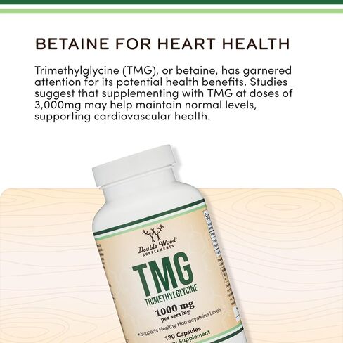 Double Wood Supplements TMG Trimethylglycine Supplement 1,000mg Per Serving, 180 Capsules (TMG Supplements for Homocysteine Control) Genuine TMG with Fishy Smell, Manufactured in The USA, Non-GMO in Kuwait