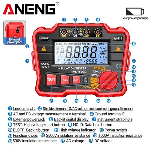 جهاز اختبار MH16 أوم، مقياس متعدد رقمي Megometro، أداة قياس مقاومة الجهد العالي للأرض، جهاز قياس Megohmmeter ﻿ in Kuwait