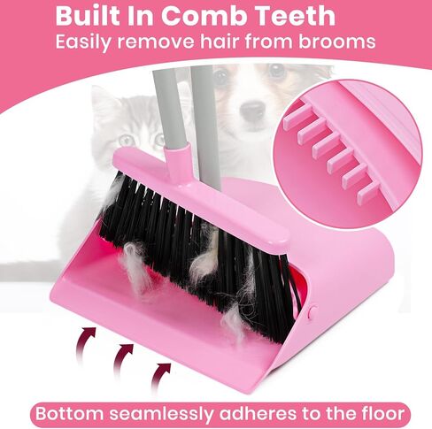 مجموعة مكنسة ومجارف وردية، مكنسة صغيرة بمقبض طويل قابل للتعديل مقاس 58 بوصة مع مجموعة كومبو من مجرفة الوقوف مع أسنان وعاء الغبار، لتنظيف أرضية المكتب المنزلي الداخلي in Kuwait