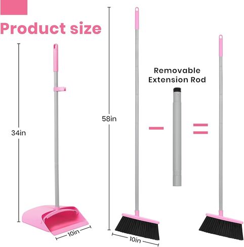 مجموعة مكنسة ومجارف وردية، مكنسة صغيرة بمقبض طويل قابل للتعديل مقاس 58 بوصة مع مجموعة كومبو من مجرفة الوقوف مع أسنان وعاء الغبار، لتنظيف أرضية المكتب المنزلي الداخلي in Kuwait