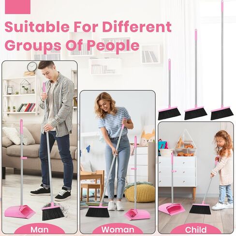 مجموعة مكنسة ومجارف وردية، مكنسة صغيرة بمقبض طويل قابل للتعديل مقاس 58 بوصة مع مجموعة كومبو من مجرفة الوقوف مع أسنان وعاء الغبار، لتنظيف أرضية المكتب المنزلي الداخلي in Kuwait