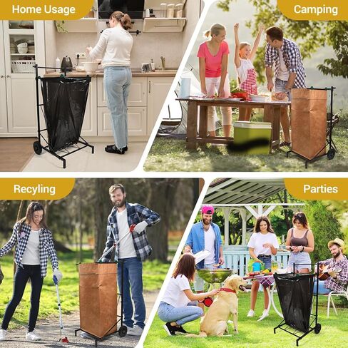Metal Leaf Bag Holder, 35-55 Gallon Adjustable Mobile Trash Bag Holder,Upgraded Garbage Bag Trolley with wheels,Trash Bag Holder Stand Suitable for Yard and Lawn Cleaning, Camping, and Gathering in Kuwait