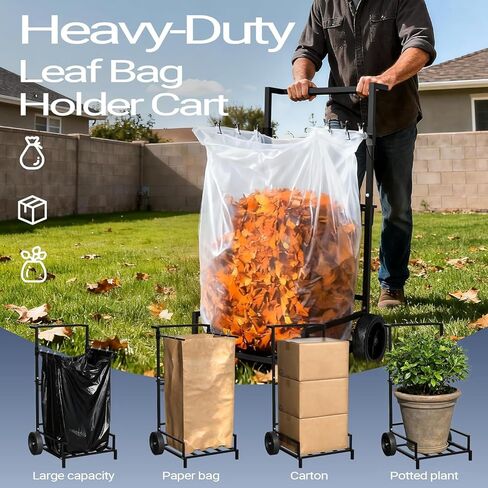 Metal Leaf Bag Holder, 35-55 Gallon Adjustable Mobile Trash Bag Holder,Upgraded Garbage Bag Trolley with wheels,Trash Bag Holder Stand Suitable for Yard and Lawn Cleaning, Camping, and Gathering in Kuwait