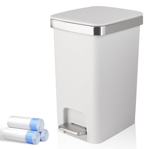 Small Bathroom Trash Can with Lid and 3 Rolls Trash Bags, Step Pedal Wastebasket Plastic Garbage Can with Pop-Up Lid 2.6 Gallon Bin for Kitchen, Bedroom, Office, Dorm, Laundry, Toilet, Rv, White in Kuwait
