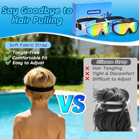 نظارات سباحة للأطفال من MOMUSE قطعتين مع حزام من القماش المريح، نظارات سباحة مع حماية من الأشعة فوق البنفسجية وعدسات مضادة للضباب، نظارات مضادة للتسرب ورؤية واسعة لحمام السباحة والشاطئ للأطفال الصغار في سن المراهقة والأولاد والبنات 3-14 in Kuwait