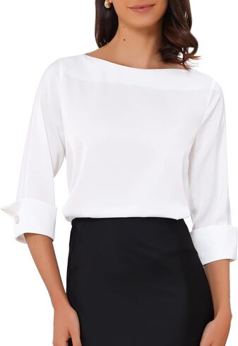Allegra K Satin Blouse for Women Dressy Casual Top Boat Neck 3/4 Sleeve Business Work Shirt in Saudi Arabia