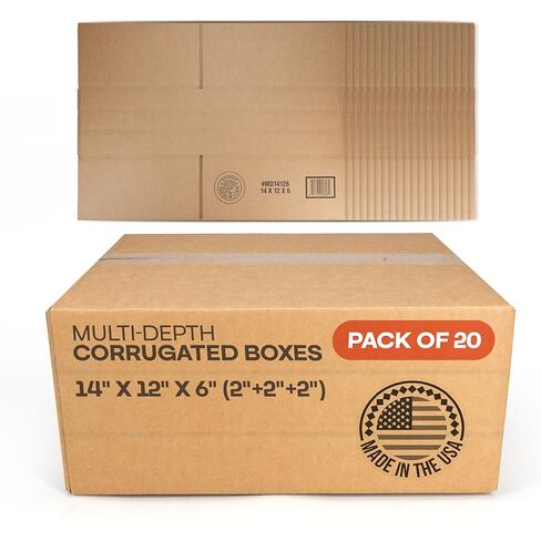 Multi-Depth Corrugated Shipping Boxes, 14"L x 12"W x 6"H, Pack of 5 - USA-Made Boxes for Moving, Storage & Small Business Packaging - Heavy-Duty Cardboard Bines for Household & Office by IDL Packaging in Kuwait
