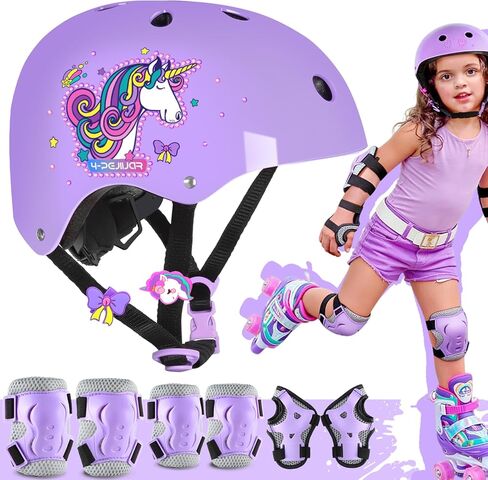 خوذة دراجة للأطفال للبنات، خوذات يونيكورن للأطفال قابلة للتعديل مع وسادات للركبة ومجموعة واقيات للمعصم ووسادات للكوع in Kuwait