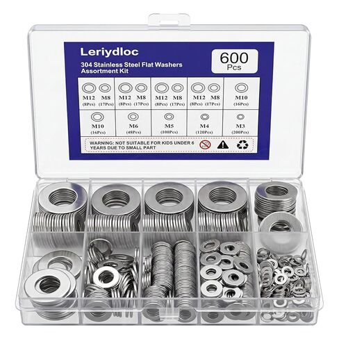 600 PCS Flat Washers for Screws and Bolts, 304 Stainless Steel Flat Washers Assortment Kit, 7 Sizes (M3 M4 M5 M6 M8 M10 M12) for Industrial and Home Use in Saudi Arabia
