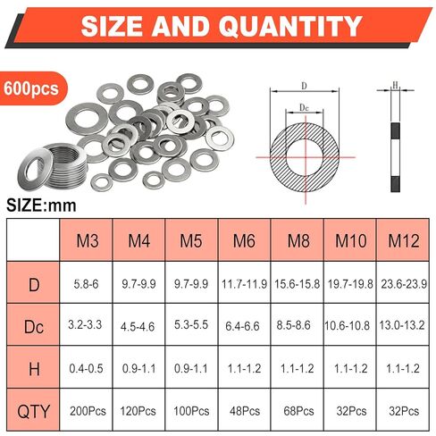 600 PCS Flat Washers for Screws and Bolts, 304 Stainless Steel Flat Washers Assortment Kit, 7 Sizes (M3 M4 M5 M6 M8 M10 M12) for Industrial and Home Use in Saudi Arabia